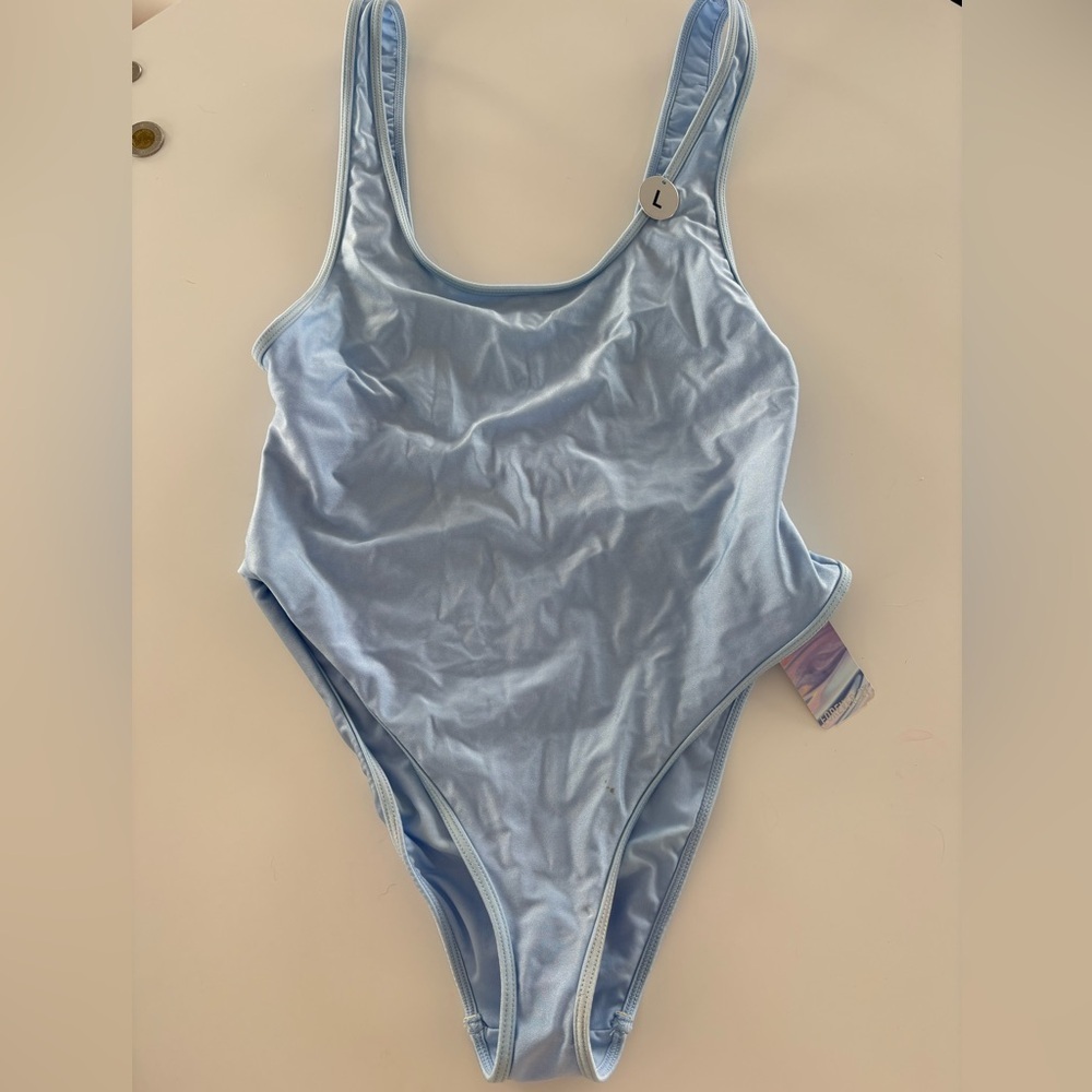 Forever 21 Light Blue Shiny One Piece Swimsuit Size L NWT - Picture 1 of 5